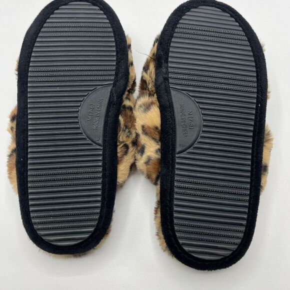 BP. Sz M 7 / 8 Animal Print Slippers Open Toe Crisscross Furry Fuzzy - Picture 5 of 7